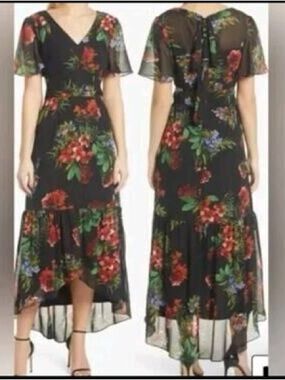 Julia Jordan Black Red Floral Print Flowy Hem Maxi Dress Size 8